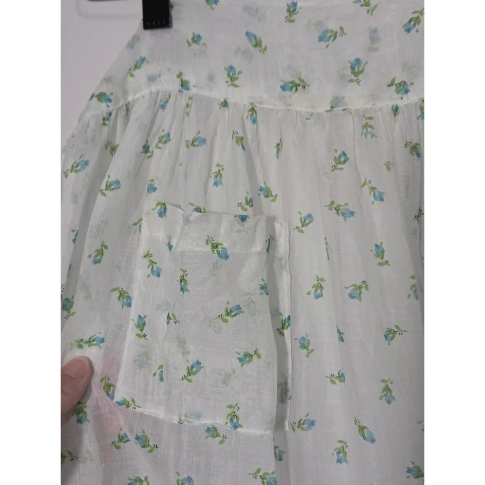 Vintage Floral Half Apron Womens OS White Blue Rose Border Print Cotton Gauze‎